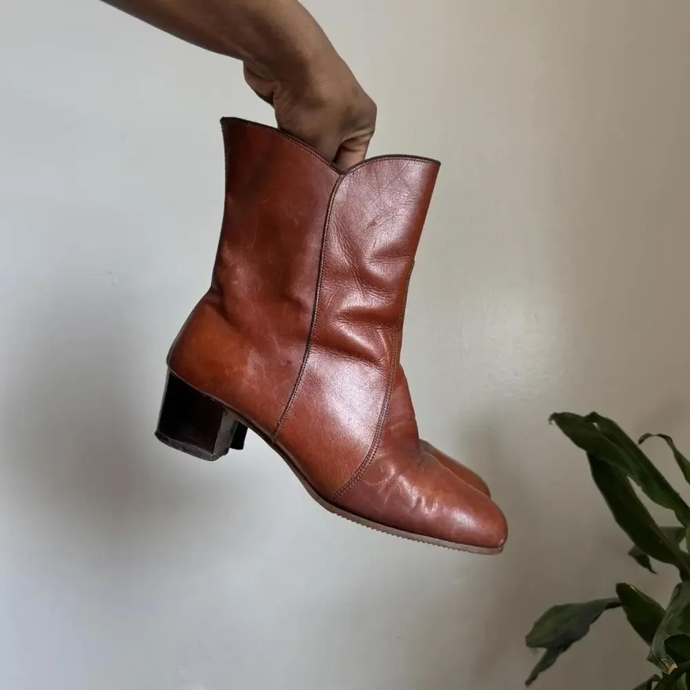 Rare Vintage 70s/80s Cognac Leather Faux Fur‎ Lined Boots -Size 8